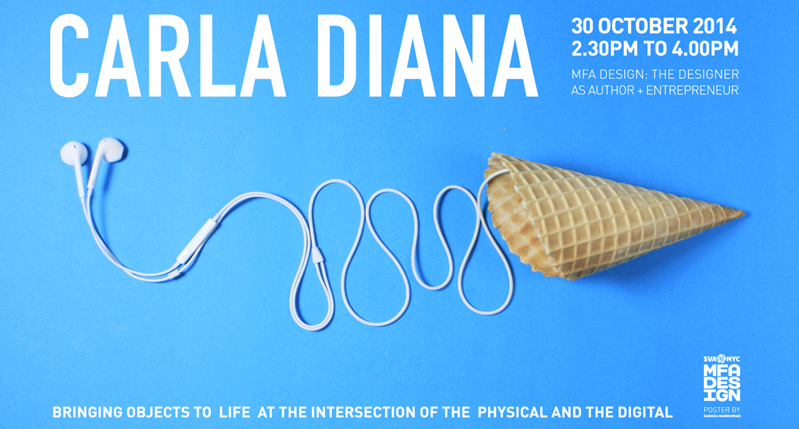 A blue poster showing a white cable cord from inside an empty ice cream cone. The text on the poster: Carla Diana.