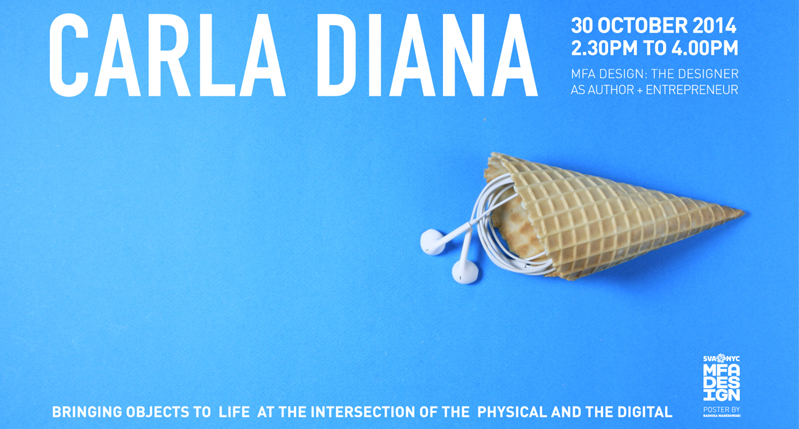 A blue poster showing a white cable cord inside an empty ice cream cone. The text on the poster: Carla Diana.