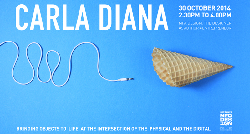 A blue poster showing a white cable cord and an empty ice cream cone. The text on the poster: Carla Diana.