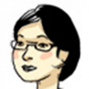 A drawing of a smiling female face with glasses.