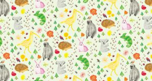 A colored texture pattern of animals, plants like: koalas, chameleons, rabbits, Colibri birds, monkeys, trees and flowers.