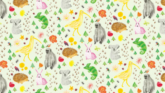 A colored texture pattern of animals, plants like: koalas, chameleons, rabbits, Colibri birds, monkeys, trees and flowers.