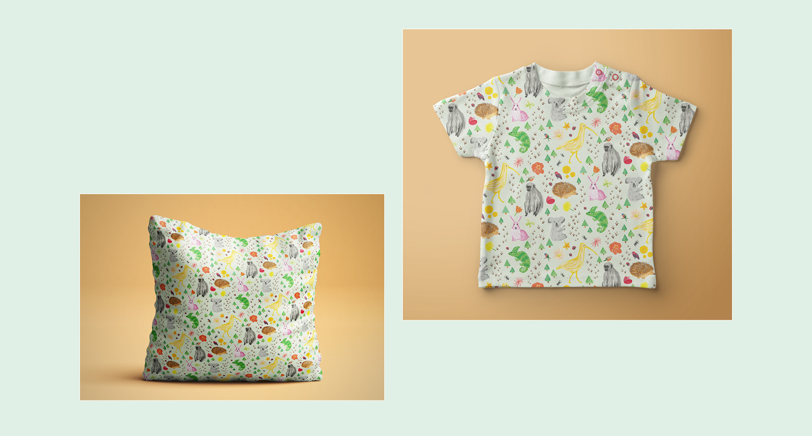 A photo of a pillow and a t-shirt using the same colorful pattern with animal and plant drawings.