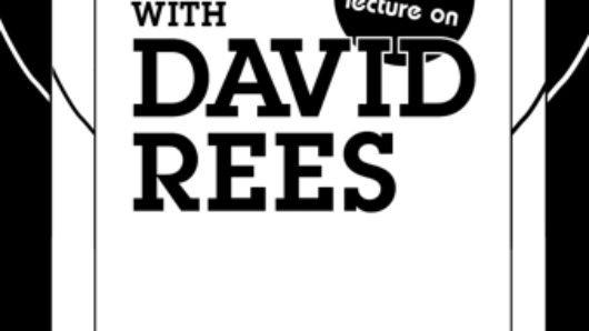 A black and white sketched image of a man holding a frame with a man holding another frame with the text: Get Your Lecture On With David Rees.