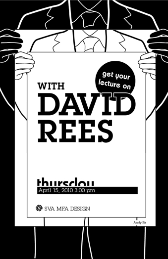 A black and white sketched image of a man holding a frame with a man holding another frame with the text: Get Your Lecture On With David Rees.