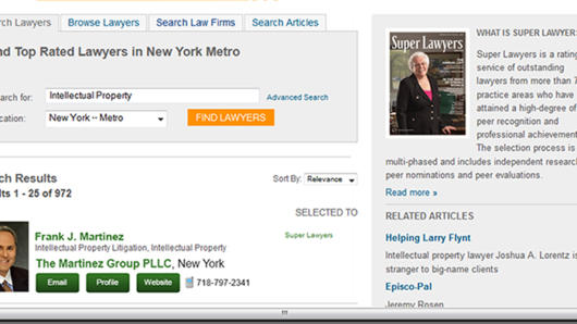 A computer snapshot of a search regarding Top Rated Lawyers in New York Metro.