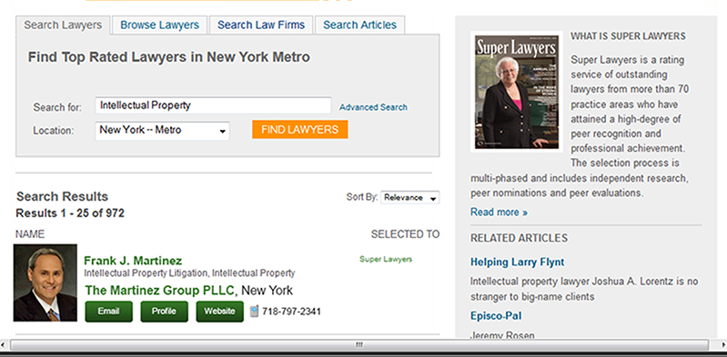 A computer snapshot of a search regarding Top Rated Lawyers in New York Metro.
