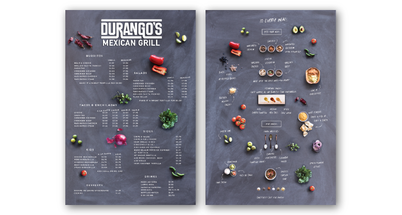 A stylish menu looking like a blackboard with fruits and vegetables on it. The restaurant name is Durango's Mexican Grill.