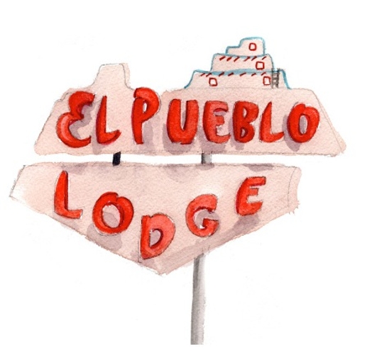 A drawing of a street sign that says: El Pueblo Lodge.
