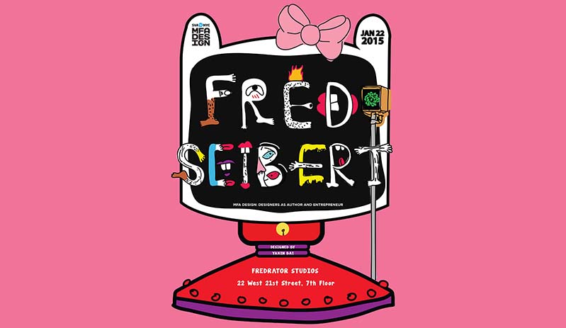 A cartoon image of a white pc display with a red, bolted and round stand. On top of the display is a pink bow while over it the text: FRED SEIBERT.