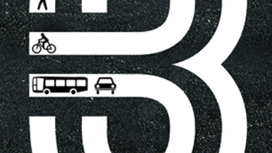 A poster showing the number three and inside it pictograms of a human figure walking, a human figure on a bike, a bus and a car pictogram. The title of the poster: GEELONG GOES THREE WAYS.