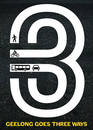 A poster showing the number three and inside it pictograms of a human figure walking, a human figure on a bike, a bus and a car pictogram. The title of the poster: GEELONG GOES THREE WAYS.