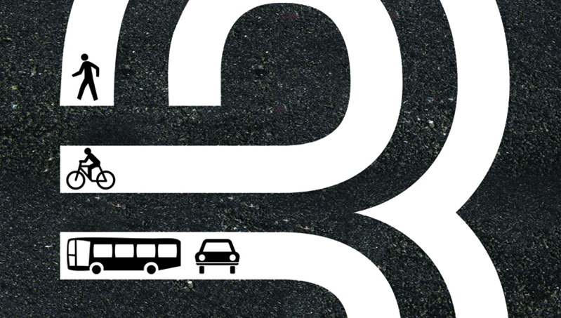 A poster showing the number three and inside it pictograms of a human figure walking, a human figure on a bike, a bus and a car pictogram.