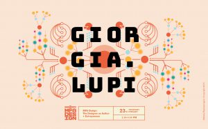 A poster showing a graph like tree structure with colorful lines and dots. Everything is connected to a central dot and over it the text: Giorgia. Lupi. MFA Design logo.