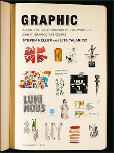 An opened book showing different graphic images and sketches done by Steven Heller and Lita Talarico.