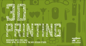 A green poster with different objects as icons forming the text: 3D Printing. Workshop with Fred Kahl.