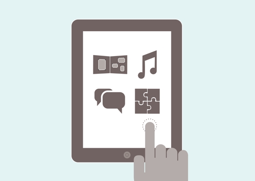 A pictogram showing a digital pad with icons and a hand touching it with a finger.