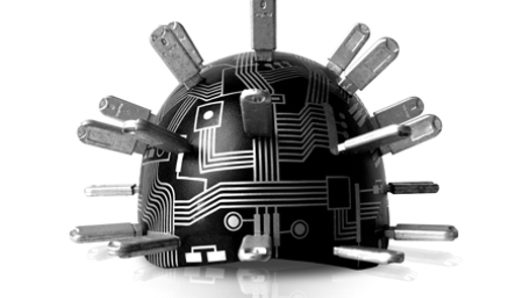 A black and white 3d image of an chipboard with USB sticks in it that looks like a helmet with spikes.