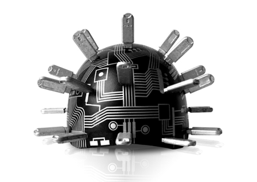 A black and white 3d image of an chipboard with USB sticks in it that looks like a helmet with spikes.