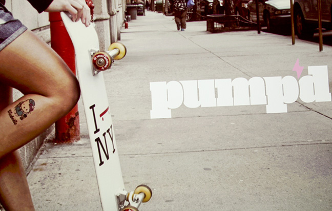 A photo of a street view, the legs and hands of a person holding a skateboard with logo I skate New York. The word pump is on the picture.