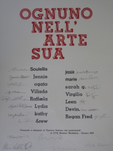 A poster with names and signed by different people with title: OGNUNO NELL' ARTE SUA