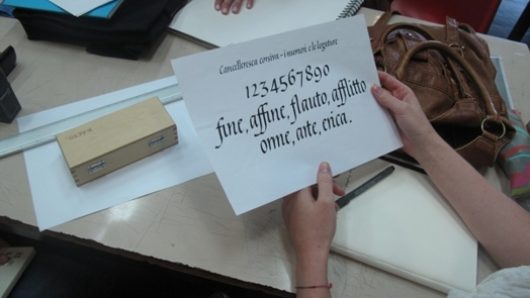 A photo of a piece of paper with typographic sample fonts that is held by a person.