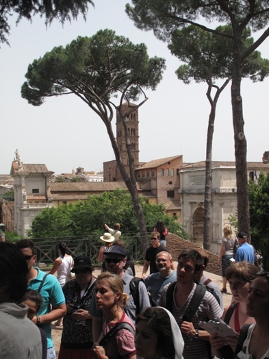 A photo of a group of people looking at old buildings in Rome.