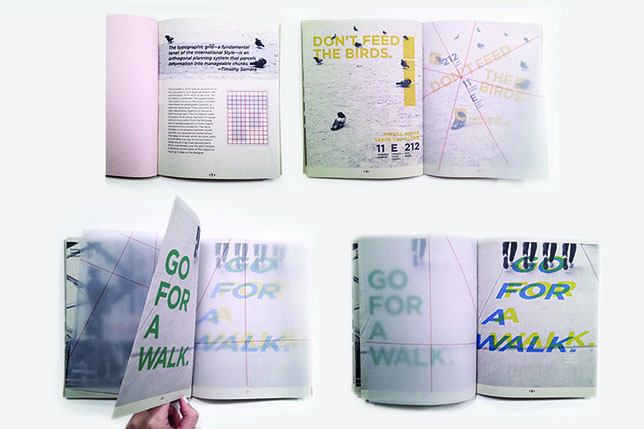 A sample book with different poster designs in it, each page is split by a protective semitransparent page.