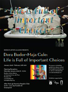 A poster of a plate with white foam and colorful striped straws and cables on it. The gradient multicolored text reads: Life is Full of Important Choices. There is another picture with multicolor gradient, showing a woman wearing a bra, holding a paintball gun and a helmet.