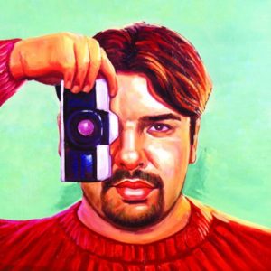 A painting of a man holding a camera in front of one of his eyes.