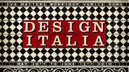 A black and white checkered design  poster with the words DESIGN ITALIA written in red squares.