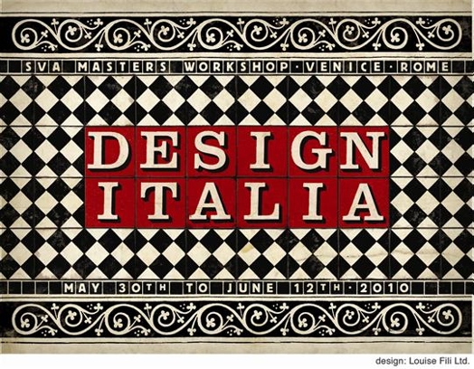 A black and white checkered design  poster with the words DESIGN ITALIA written in red squares.