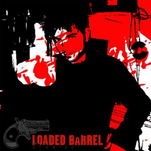 A drawing in black, white and red of a man and a vinyl record behind and a gun logo in front with.