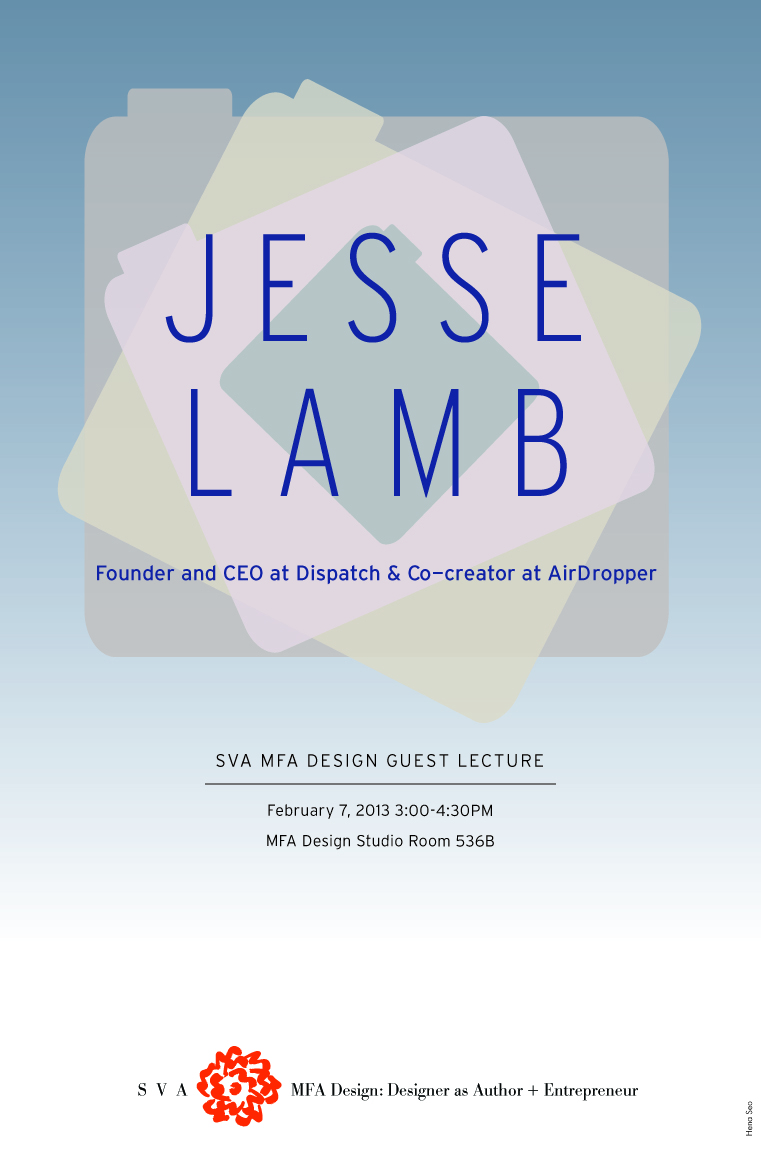 A poster with blue to white gradient, some green and pink pictograms that look like labeled folders and on top of them the text: Jesse Lamb Founder and CEO at Dispatch & Co creator at AirDropper.