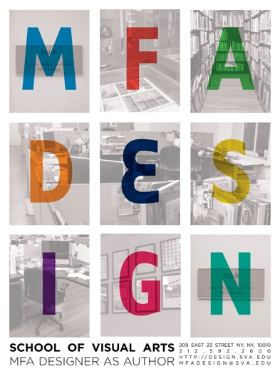 A poster showing nine office images and on each image a colored letter that says: MFA DESIGN.