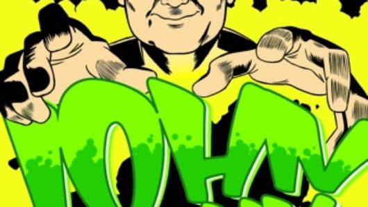 A black and yellow poster depicting a drawing of a man wearing glasses with his hands above a green text that says: John Carlin. A red SVA logo is also in a corner near a text that says: The overlord of funny garbage.