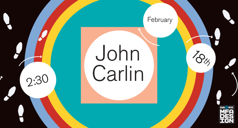 A poster with colorful concentrically circles and squares. The text on it: John Carlin. There are also some white foot steps over it.