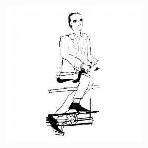 A black and white drawing of a suited man riding a bicycle.