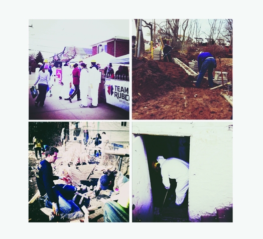 A set of four photos depicting people at a stand, someone working in the garden, someone sorting items and a man in a hazard suit cleaning a building.