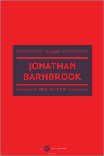 A poster with red background, a black square with red writing on it tat says: MFA Design Jonathan Barnbrook.