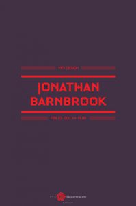 A poster with black background and red writing on it tat says: MFA Design Jonathan Barnbrook.