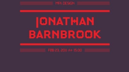 A poster with black background and red writing on it tat says: MFA Design Jonathan Barnbrook.