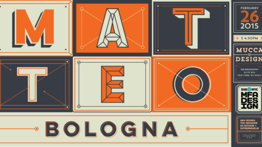 A poster with a set of orange, yellow and black tiles with the words: Matteo Bologna.