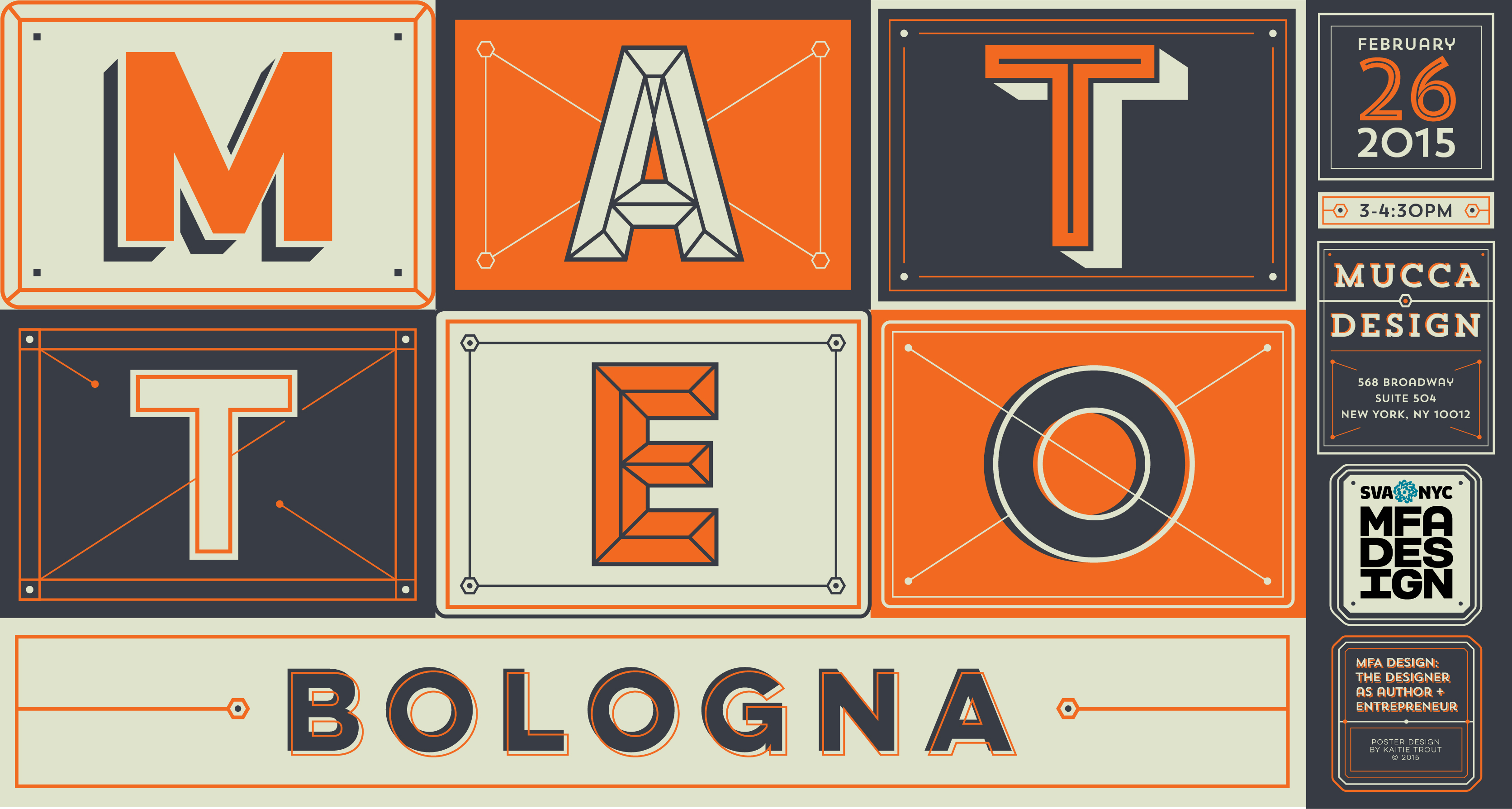 A poster with a set of orange, yellow and black tiles with the words: Matteo Bologna.