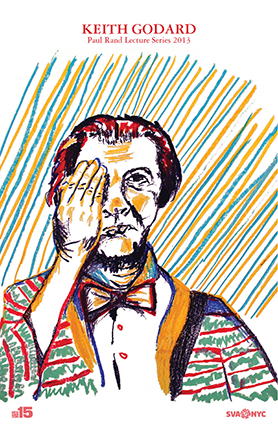 An image made with colored crayons that show a man with a hand over one eye. There is also the text: Keith Godard.