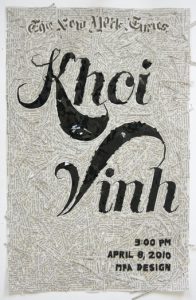A poster made from cut newspaper labels and some black writing in the middle that says: The New York Times Khoi Vinh.