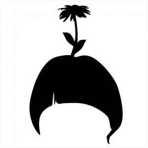 A black and white image depicting a woman's hair with a flower growing on top.