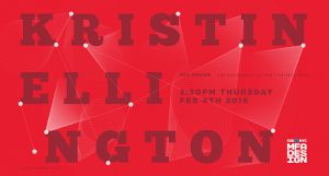 A red crimson poster with some white dots and faded triangles. The text on it: KRISTIN ELLINGTON. MFA Design logo.