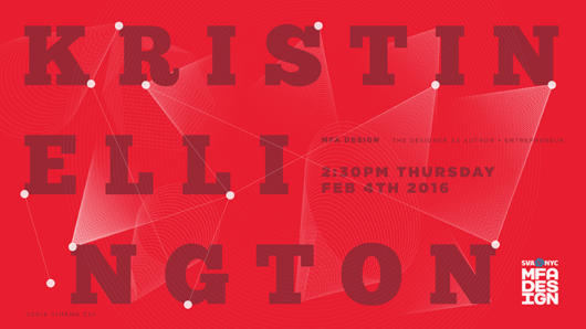 A red crimson poster with some white dots and faded triangles. The text on it: KRISTIN ELLINGTON. MFA Design logo.