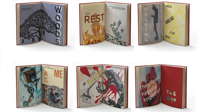 A picture showing a set of six opened art books.